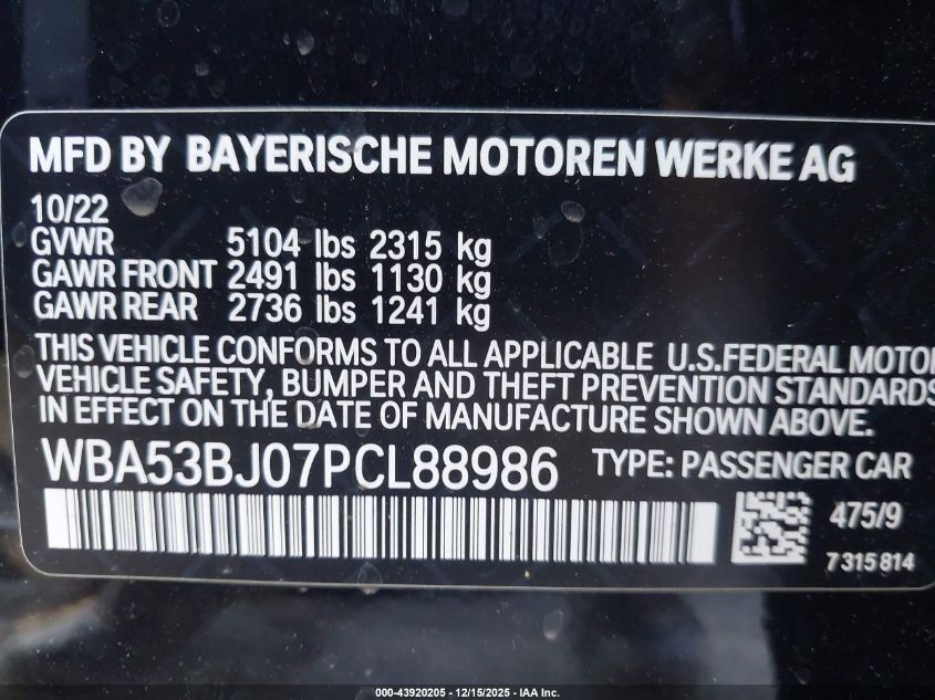 2023 BMW 540 I VIN: WBA53BJ07PCL88986 Lot: 43920205