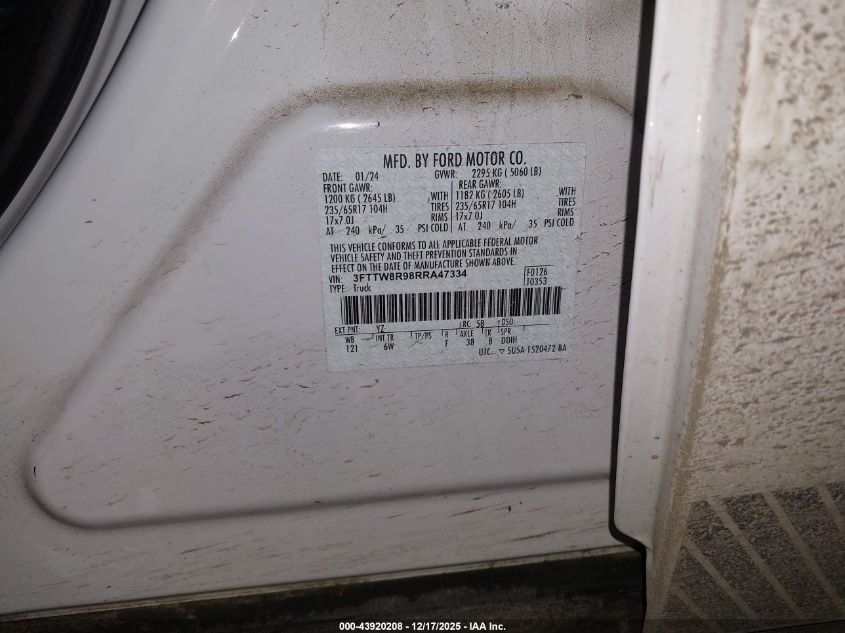 2024 Ford Maverick Lariat VIN: 3FTTW8R98RRA47334 Lot: 43920208