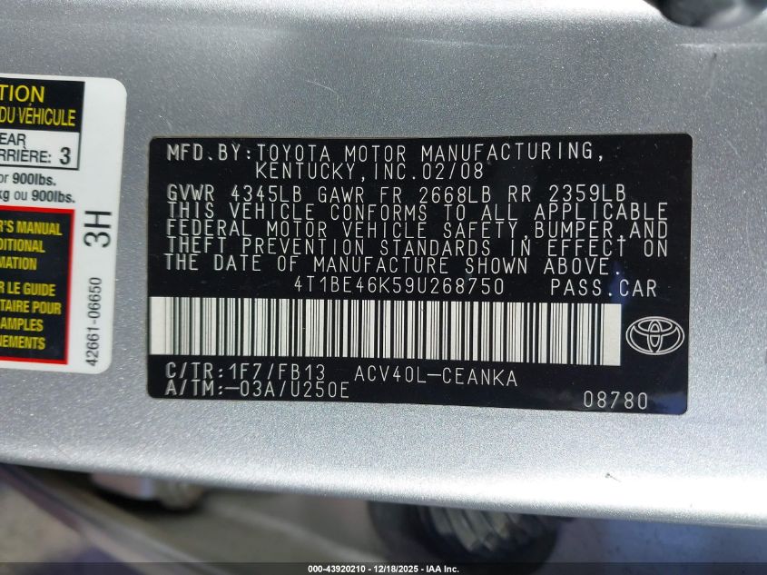 2009 Toyota Camry Le VIN: 4T1BE46K59U268750 Lot: 43920210