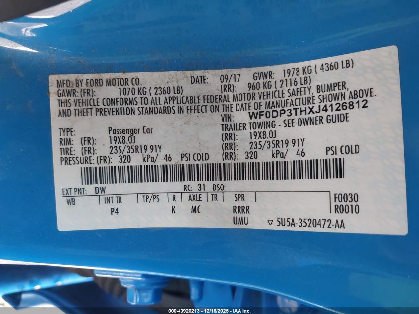 2018 Ford Focus Rs VIN: WF0DP3THXJ4126812 Lot: 43920213