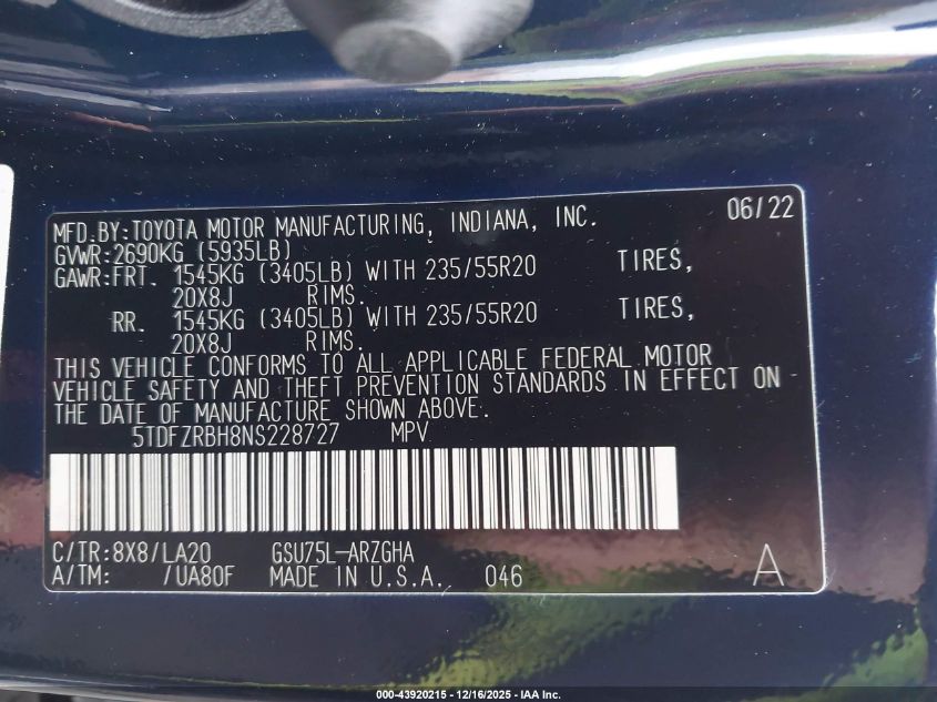 2022 Toyota Highlander Platinum VIN: 5TDFZRBH8NS228727 Lot: 43920215