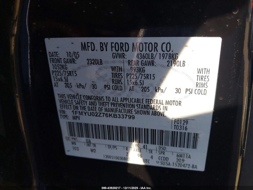 2006 Ford Escape Xls/Xls Manual VIN: 1FMYU02Z76KB33799 Lot: 43920217