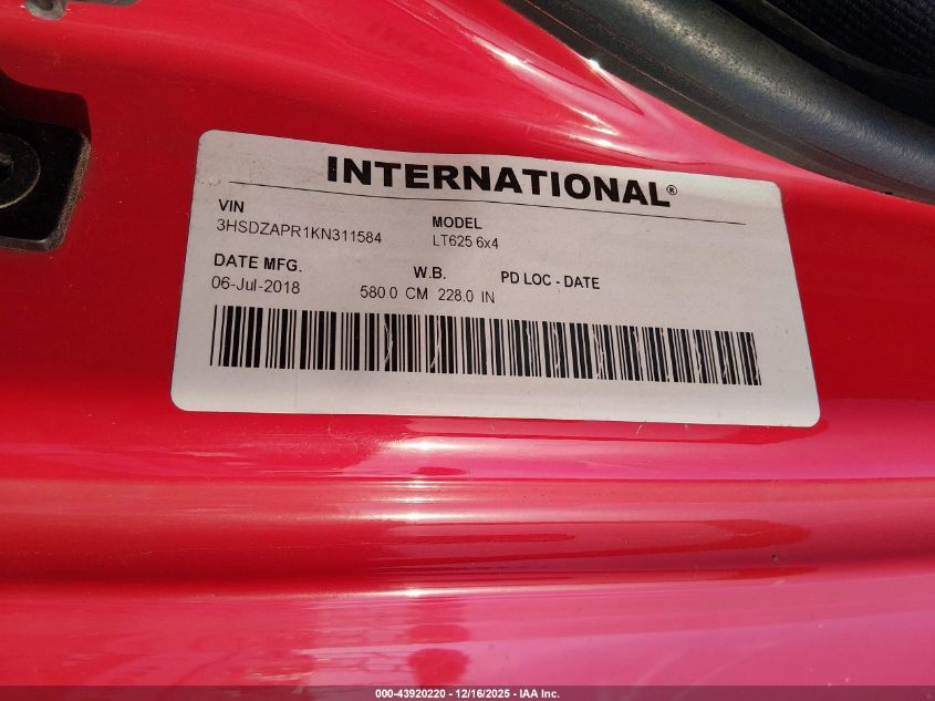 2019 International Lt VIN: 3HSDZAPR1KN311584 Lot: 43920220