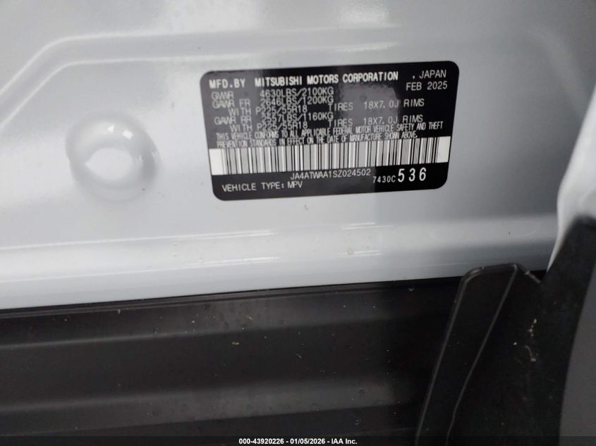 2025 Mitsubishi Eclipse Cross Black Edition S-Awc VIN: JA4ATWAA1SZ024502 Lot: 43920226