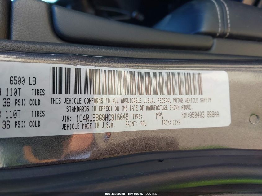 2017 Jeep Grand Cherokee Limited 4X2 VIN: 1C4RJEBG9HC916049 Lot: 43920228