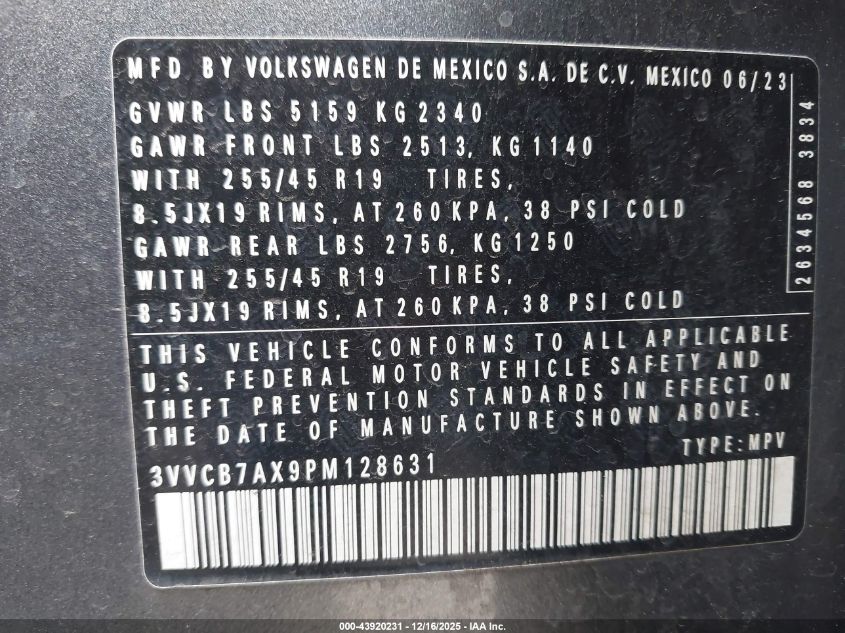2023 Volkswagen Tiguan 2.0T Se R-Line Black VIN: 3VVCB7AX9PM128631 Lot: 43920231