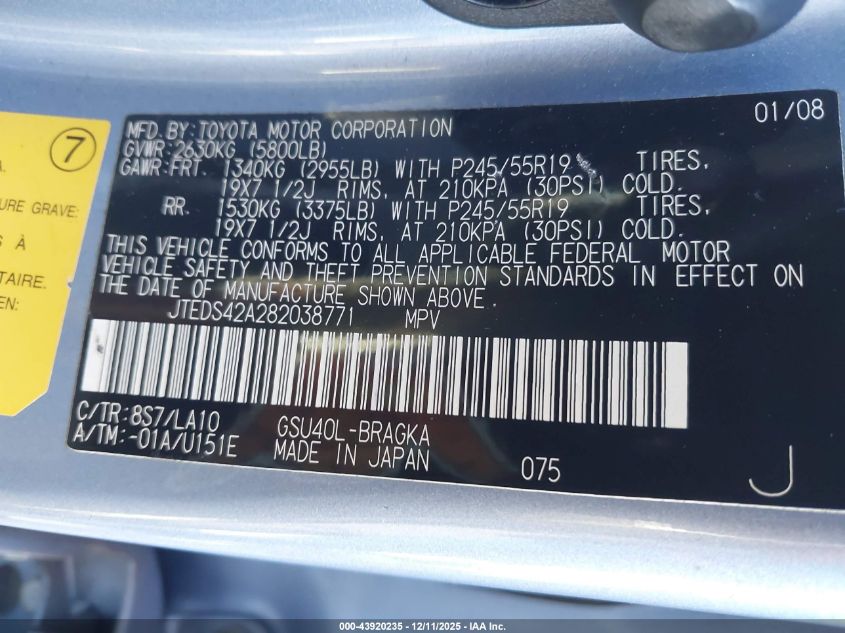 2008 Toyota Highlander Limited VIN: JTEDS42A282038771 Lot: 43920235