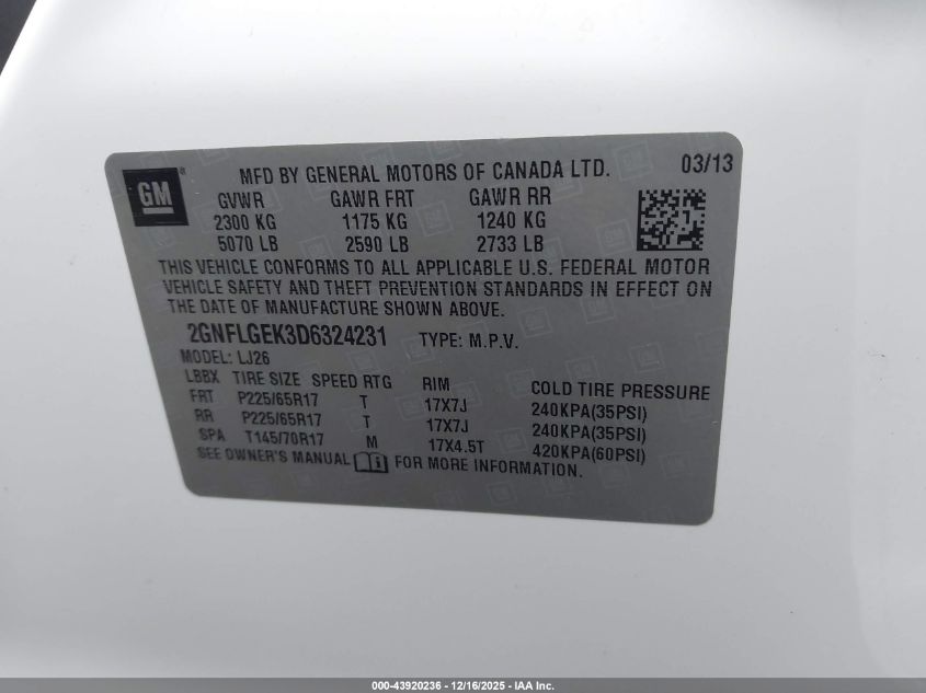 2013 Chevrolet Equinox Ltz VIN: 2GNFLGEK3D6324231 Lot: 43920236