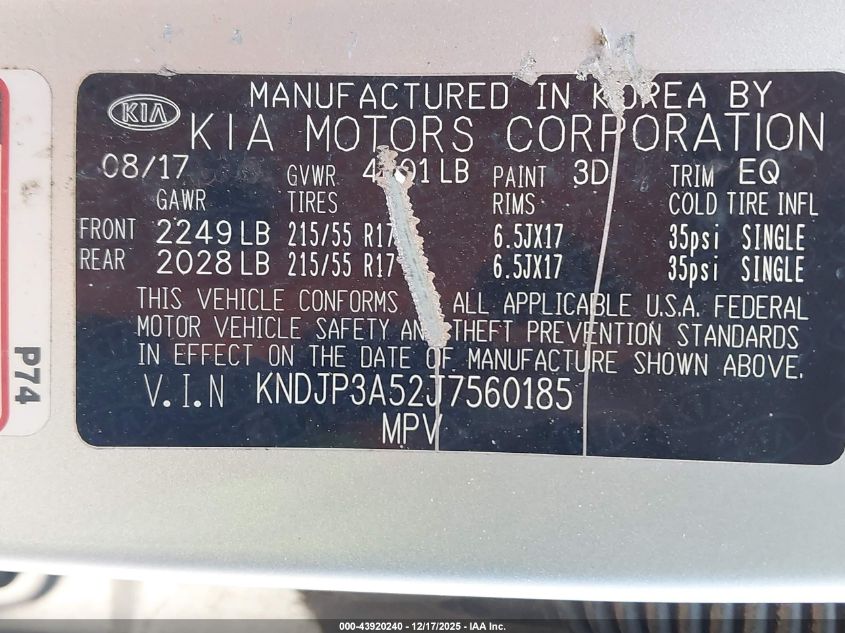 2018 Kia Soul + VIN: KNDJP3A52J7560185 Lot: 43920240