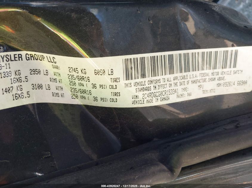 2012 Dodge Grand Caravan Sxt VIN: 2C4RDGCG0CR153341 Lot: 43920247