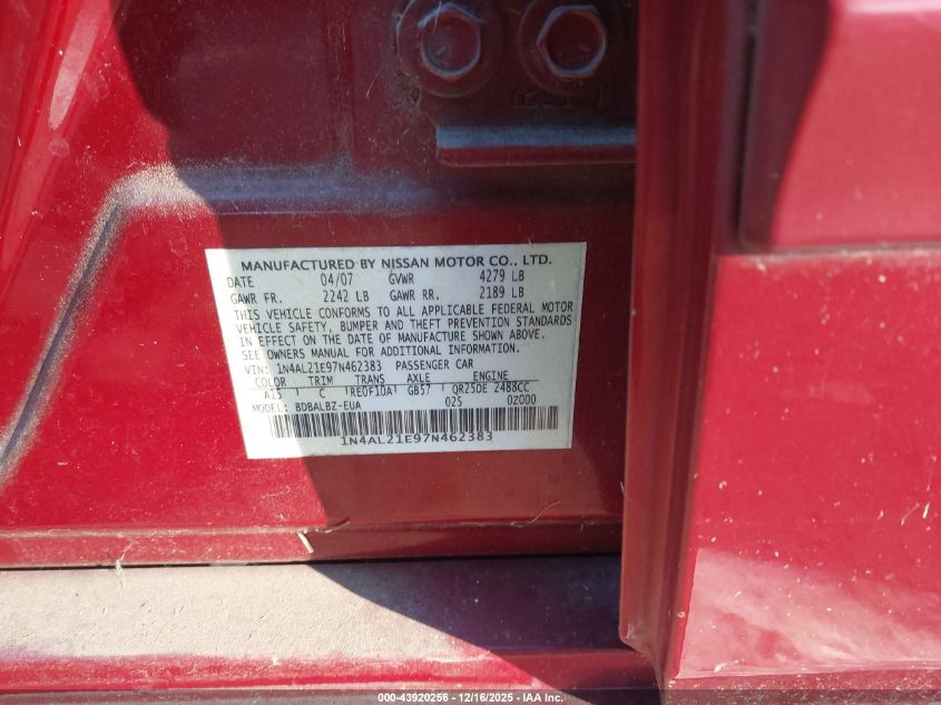 2007 Nissan Altima 2.5 S VIN: 1N4AL21E97N462383 Lot: 43920256