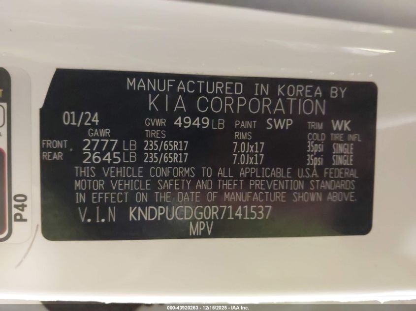 2024 Kia Sportage Hybrid Lx VIN: KNDPUCDG0R7141537 Lot: 43920263