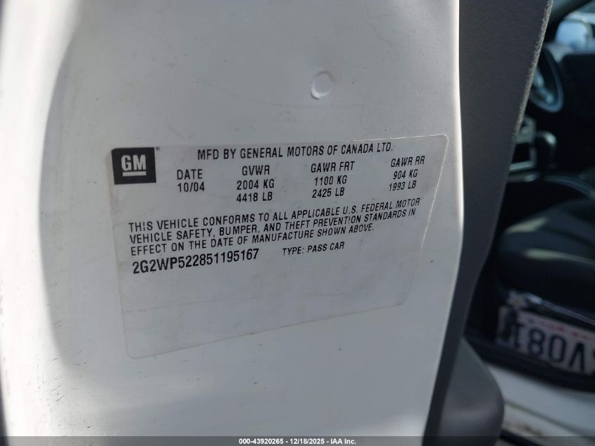 2005 Pontiac Grand Prix VIN: 2G2WP522851195167 Lot: 43920265