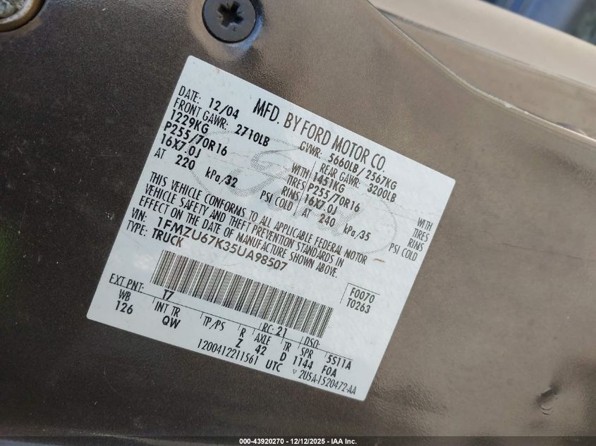 2005 Ford Explorer Sport Trac Adrenalin/Xls/Xlt VIN: 1FMZU67K35UA98507 Lot: 43920270