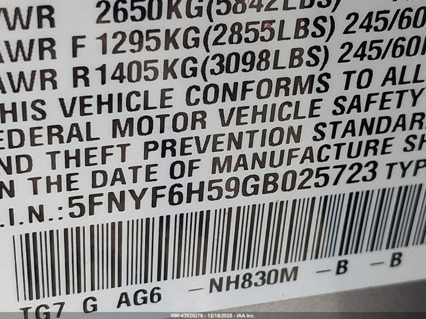 2016 Honda Pilot Ex-L VIN: 5FNYF6H59GB025723 Lot: 43920276