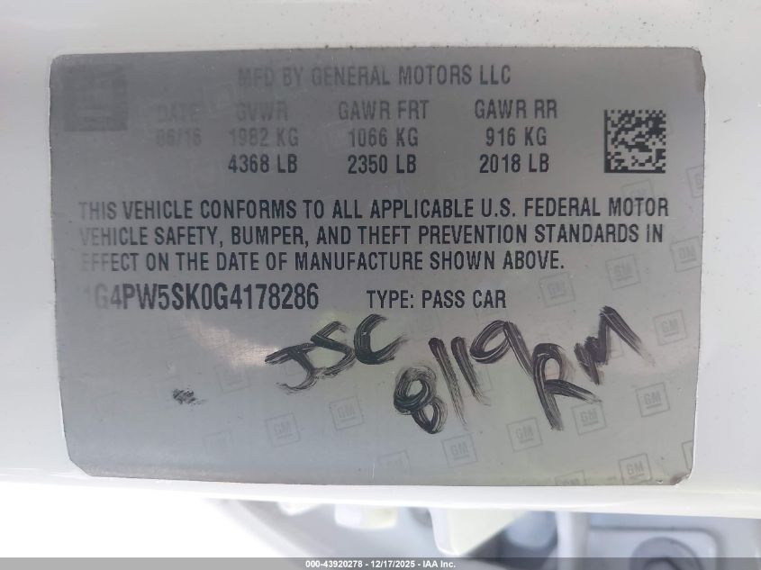 2016 Buick Verano Sport Touring Group VIN: 1G4PW5SK0G4178286 Lot: 43920278