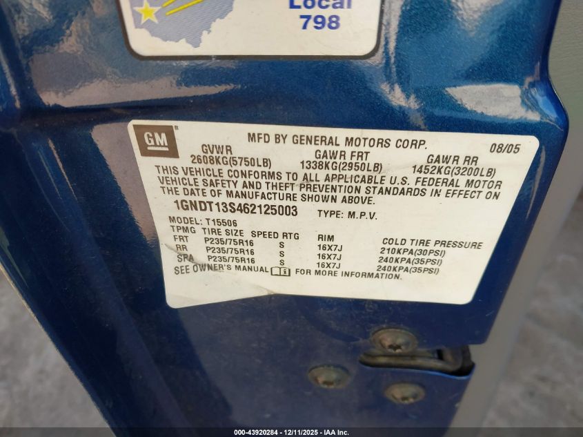 2006 Chevrolet Trailblazer Ls VIN: 1GNDT13S462125003 Lot: 43920284