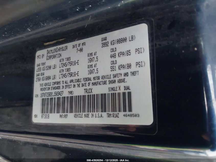 2001 Dodge Ram 2500 St VIN: 1B7KF23691J503427 Lot: 43920294