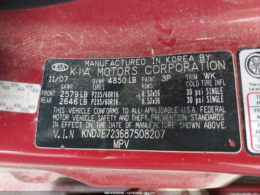 2008 Kia Sportage Lx V6 VIN: KNDJE723687508207 Lot: 43920298