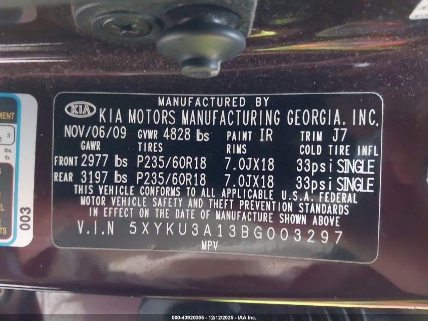 2011 Kia Sorento Ex VIN: 5XYKU3A13BG003297 Lot: 43920305