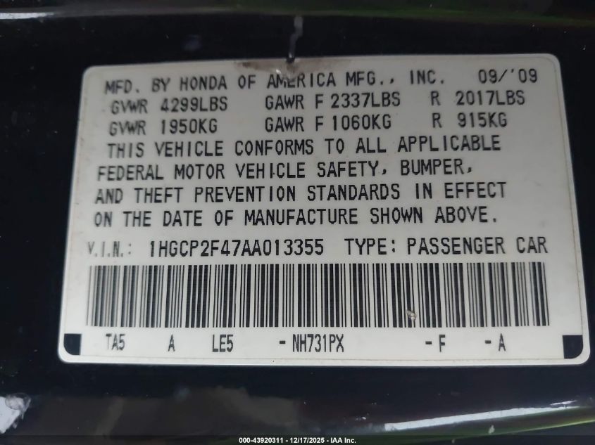 2010 Honda Accord 2.4 Lx-P VIN: 1HGCP2F47AA013355 Lot: 43920311