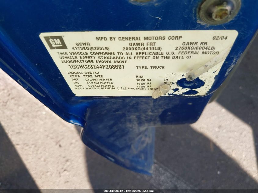 2004 Chevrolet Silverado 2500Hd Ls VIN: 1GCHC23244F208601 Lot: 43920312