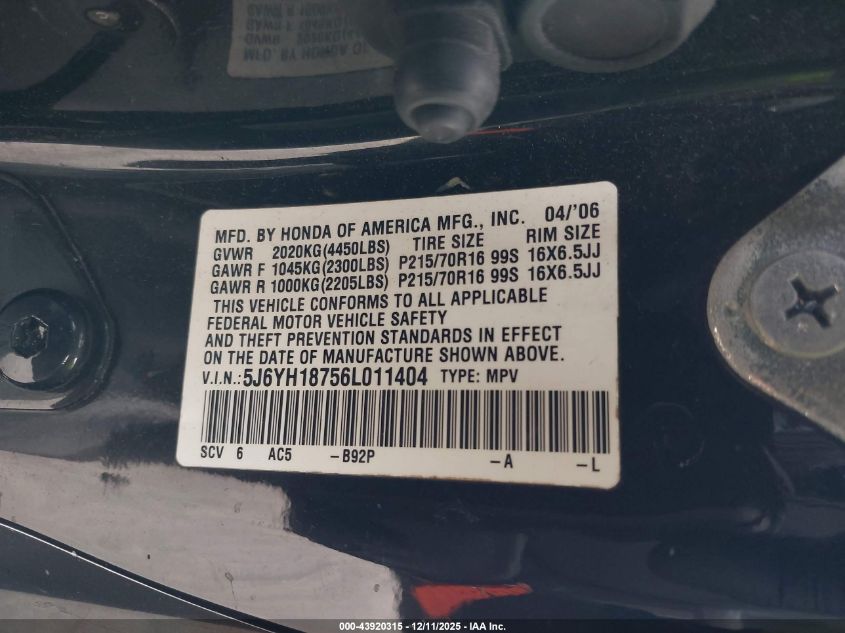2006 Honda Element Ex-P VIN: 5J6YH18756L011404 Lot: 43920315