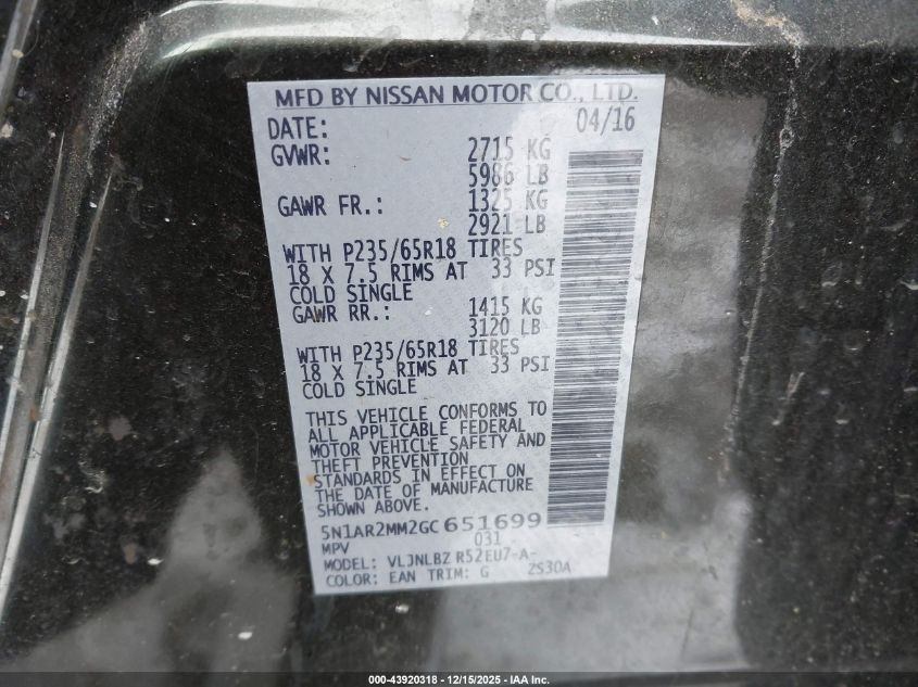 2016 Nissan Pathfinder S VIN: 5N1AR2MM2GC651699 Lot: 43920318