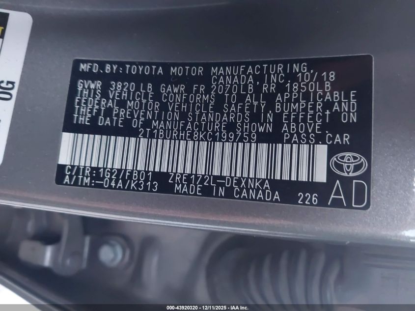 2019 Toyota Corolla Le VIN: 2T1BURHE8KC199759 Lot: 43920320