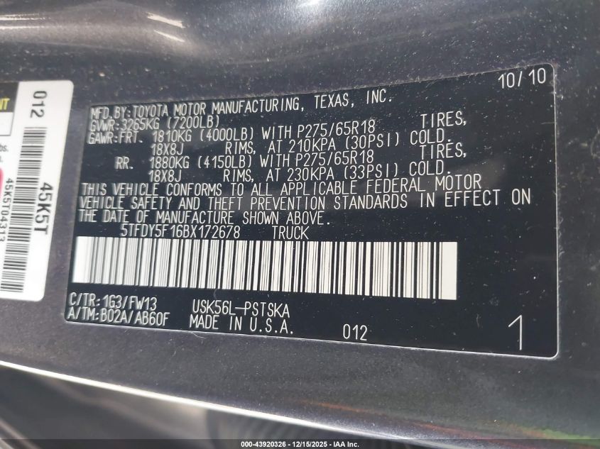 2011 Toyota Tundra Grade 5.7L V8 VIN: 5TFDY5F16BX172678 Lot: 43920326