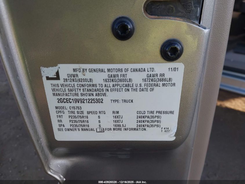 2002 Chevrolet Silverado 1500 Ls VIN: 2GCEC19V921225302 Lot: 43920328