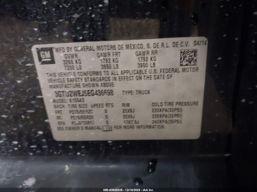 2014 GMC Sierra 1500 Denali VIN: 3GTU2WEJ5EG436698 Lot: 43920335