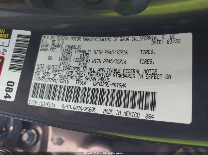 2022 Toyota Tacoma Sr5 V6 VIN: 3TMAZ5CN7NM178216 Lot: 43920336