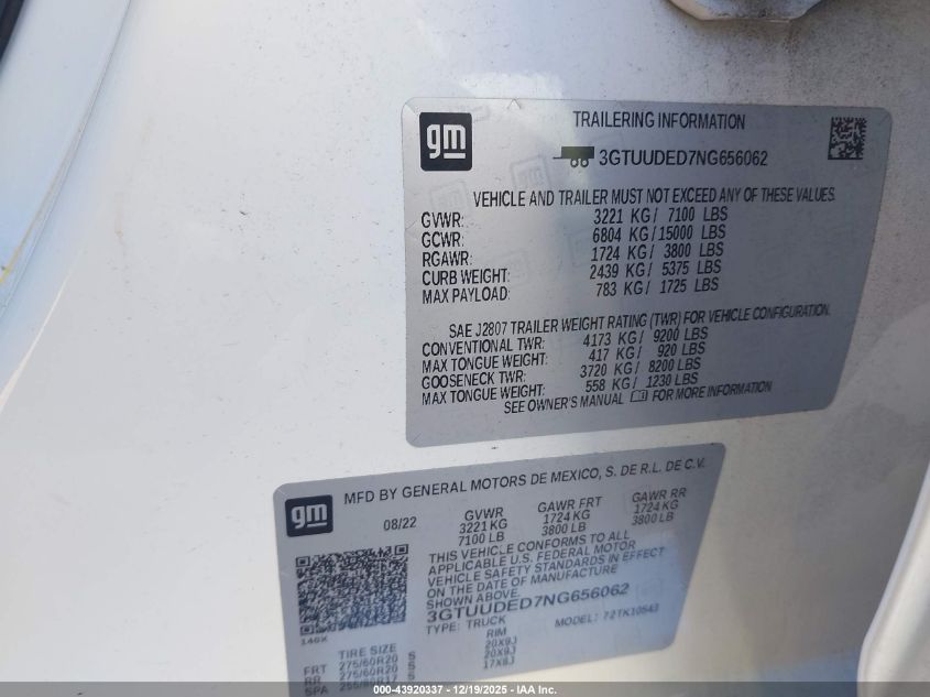 2022 GMC Sierra 1500 Slt VIN: 3GTUUDED7NG656062 Lot: 43920337