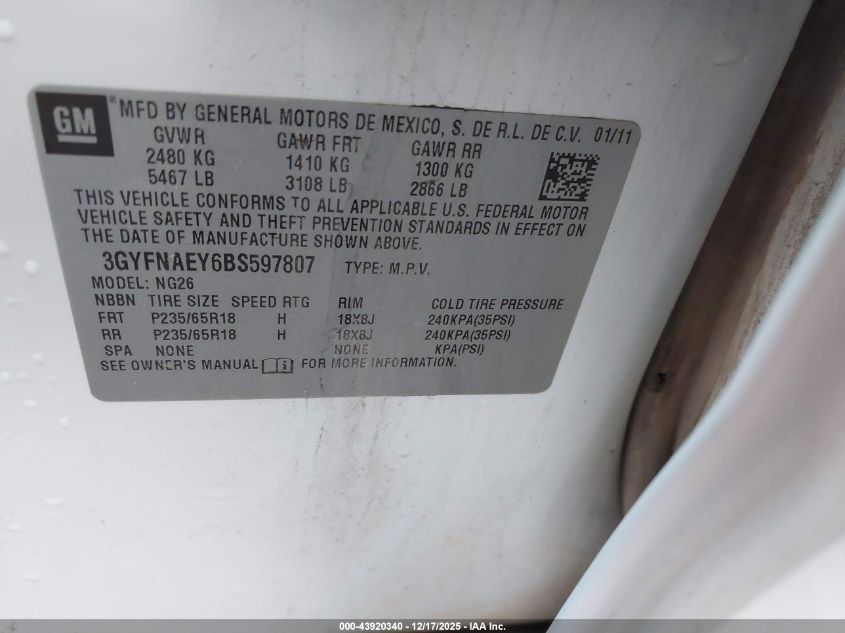 2011 Cadillac Srx Luxury Collection VIN: 3GYFNAEY6BS597807 Lot: 43920340