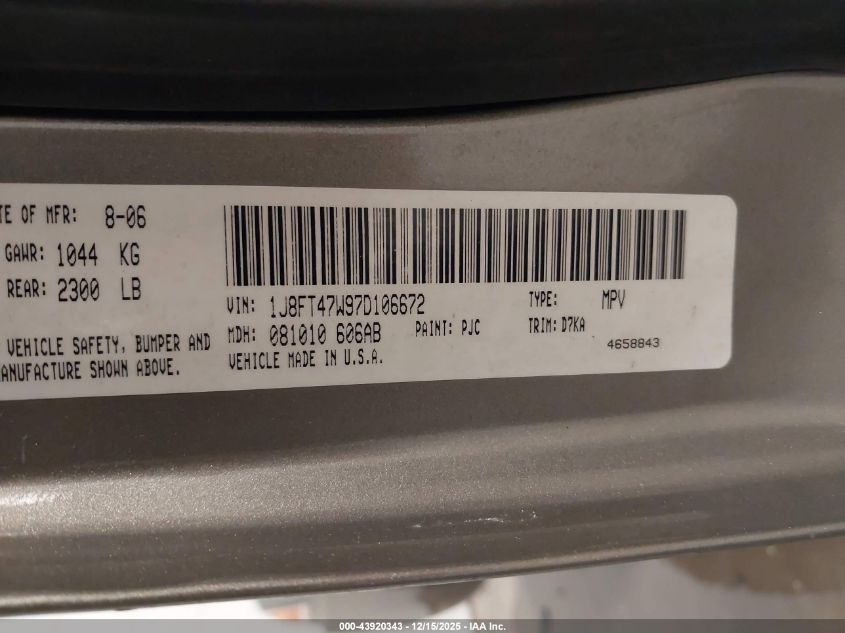 2007 Jeep Compass Sport VIN: 1J8FT47W97D106672 Lot: 43920343