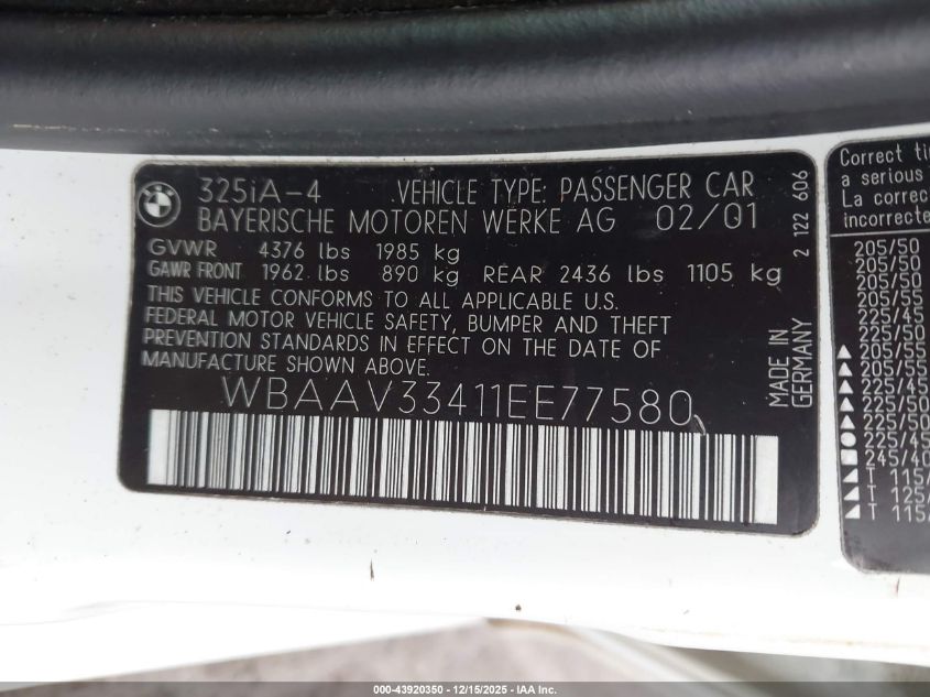 2001 BMW 325I VIN: WBAAV33411EE77580 Lot: 43920350