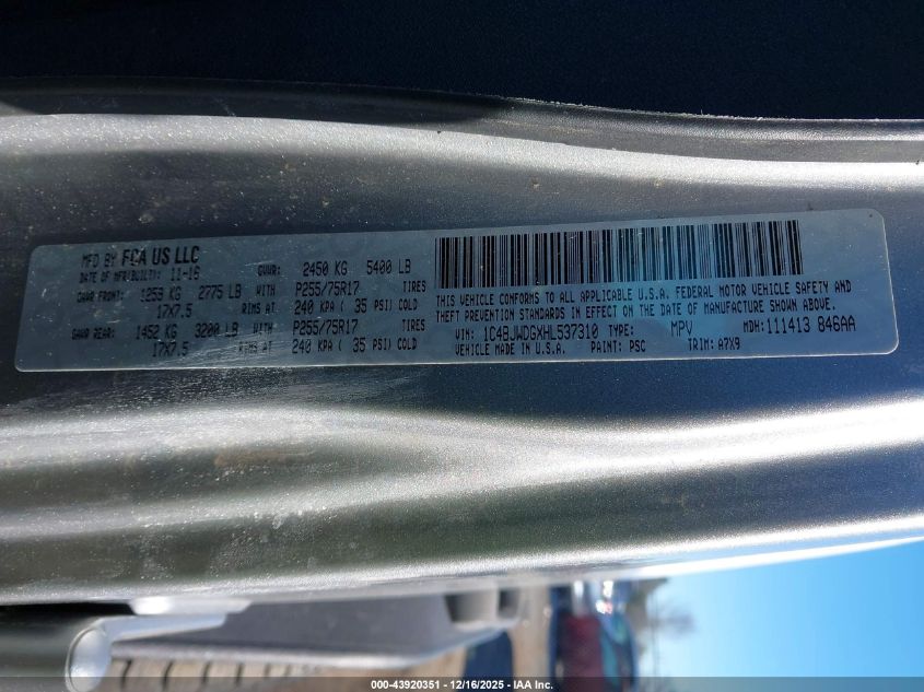 2017 Jeep Wrangler Unlimited Sport 4X4 VIN: 1C4BJWDGXHL537310 Lot: 43920351