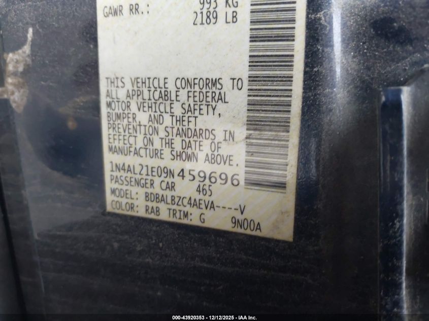 2009 Nissan Altima 2.5 S VIN: 1N4AL21E09N459696 Lot: 43920353