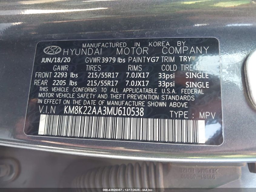 2021 Hyundai Kona Sel VIN: KM8K22AA3MU610538 Lot: 43920357