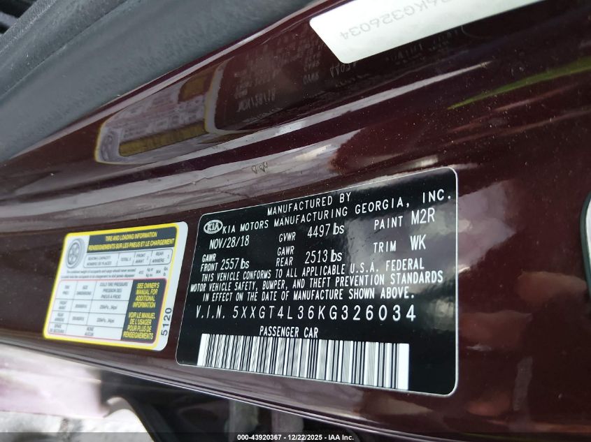 2019 Kia Optima Lx VIN: 5XXGT4L36KG326034 Lot: 43920367