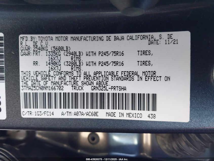 2022 Toyota Tacoma Sr5 V6 VIN: 3TMAZ5CN0NM166702 Lot: 43920375