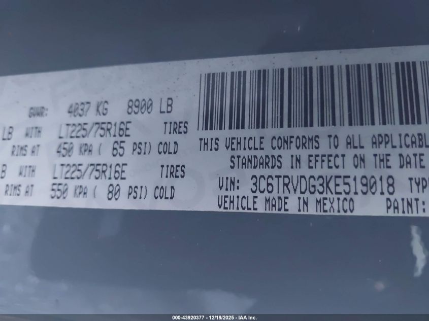 2019 Ram Promaster 2500 High Roof 159 Wb VIN: 3C6TRVDG3KE519018 Lot: 43920377