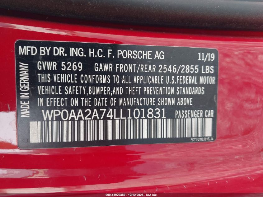 2020 Porsche Panamera 4 VIN: WP0AA2A74LL101831 Lot: 43920389