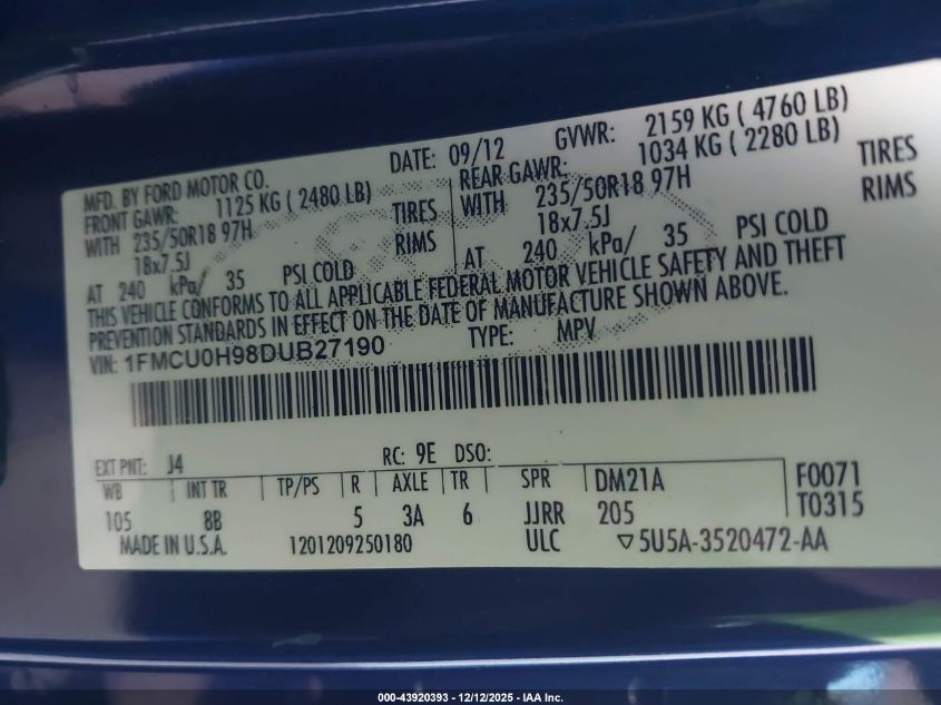 2013 Ford Escape Sel VIN: 1FMCU0H98DUB27190 Lot: 43920393