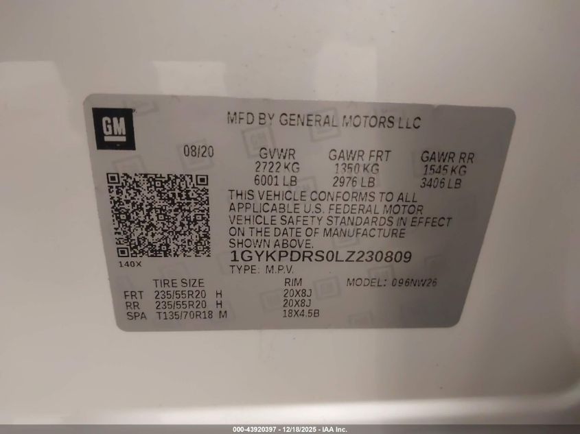 2020 Cadillac Xt6 Awd Premium Luxury VIN: 1GYKPDRS0LZ230809 Lot: 43920397