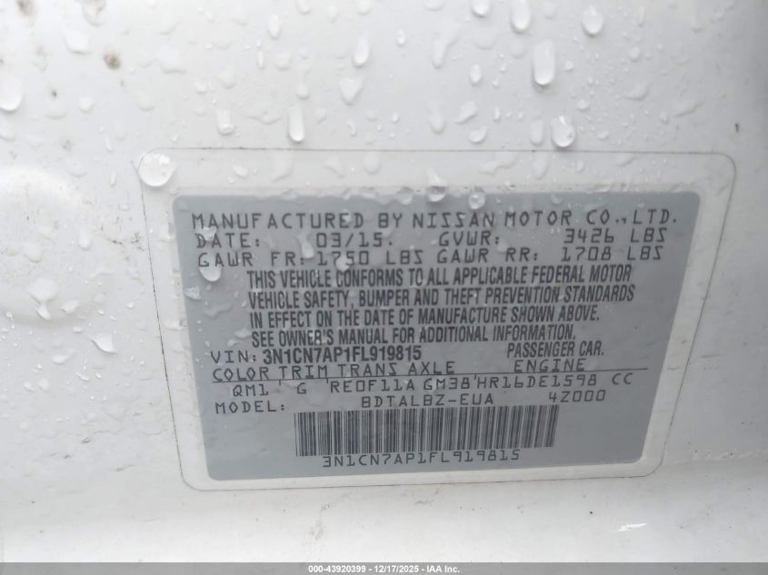 2015 Nissan Versa 1.6 Sv VIN: 3N1CN7AP1FL919815 Lot: 43920399