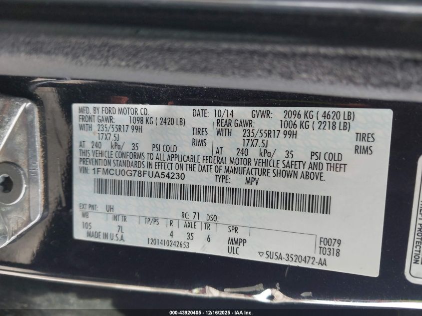 2015 Ford Escape Se VIN: 1FMCU0G78FUA54230 Lot: 43920405