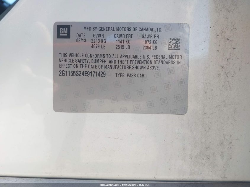 2014 Chevrolet Impala 2Lz VIN: 2G1155S34E9171429 Lot: 43920406