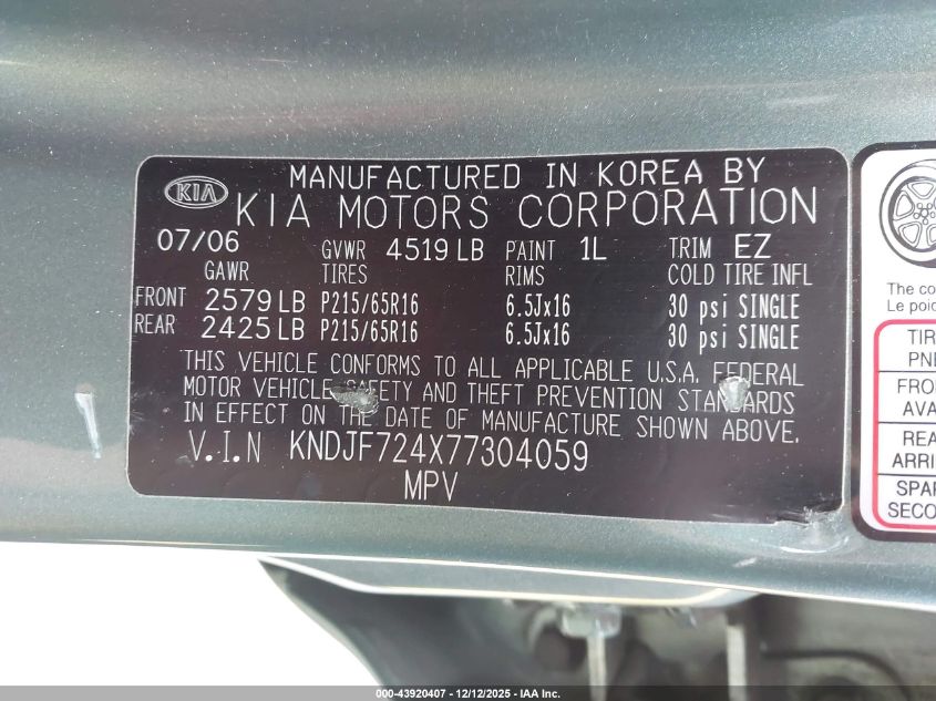 2007 Kia Sportage Lx VIN: KNDJF724X77304059 Lot: 43920407